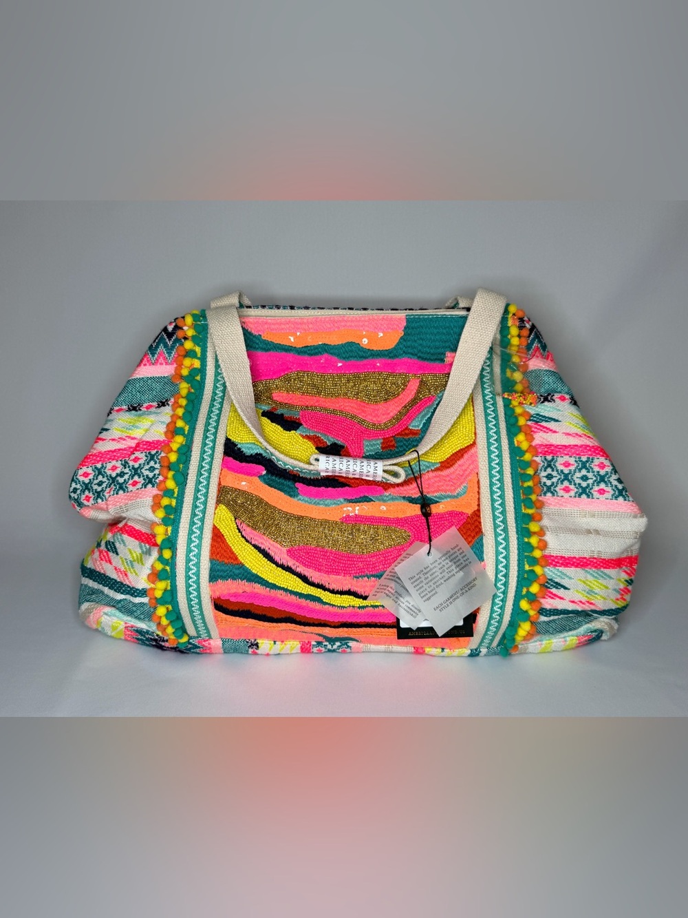 Multicolor Pom-Pom Stripe Beach Tote - Vibrant Pink & Teal